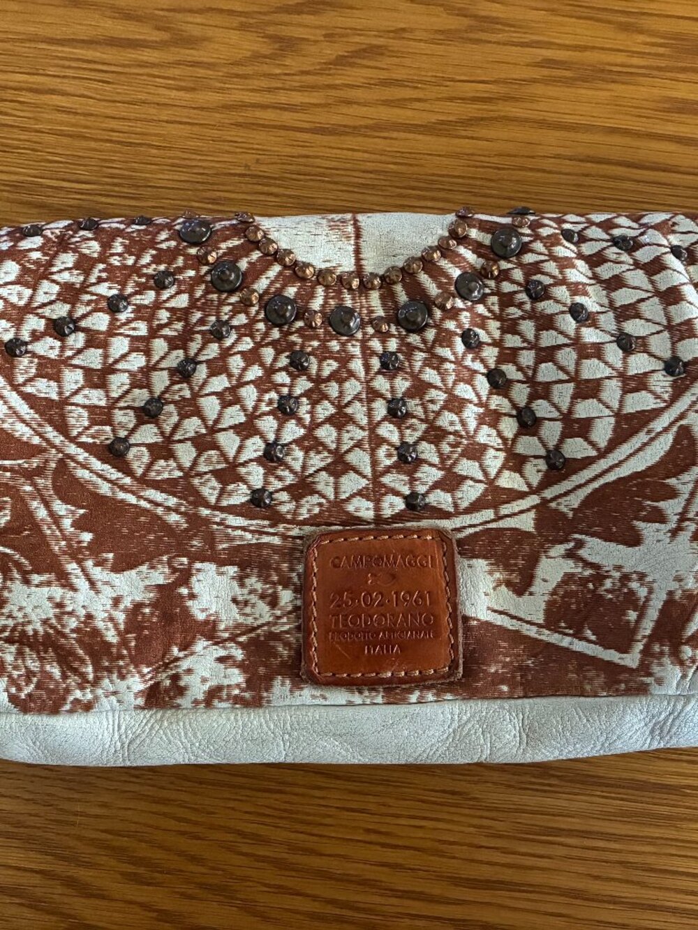 New Campomaggi Leather Crossbody Bag, Ivory w/ Hand-Dyed Medallion Design